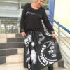 Чёрная юбка батальная серия из экокожи с белыми принтами